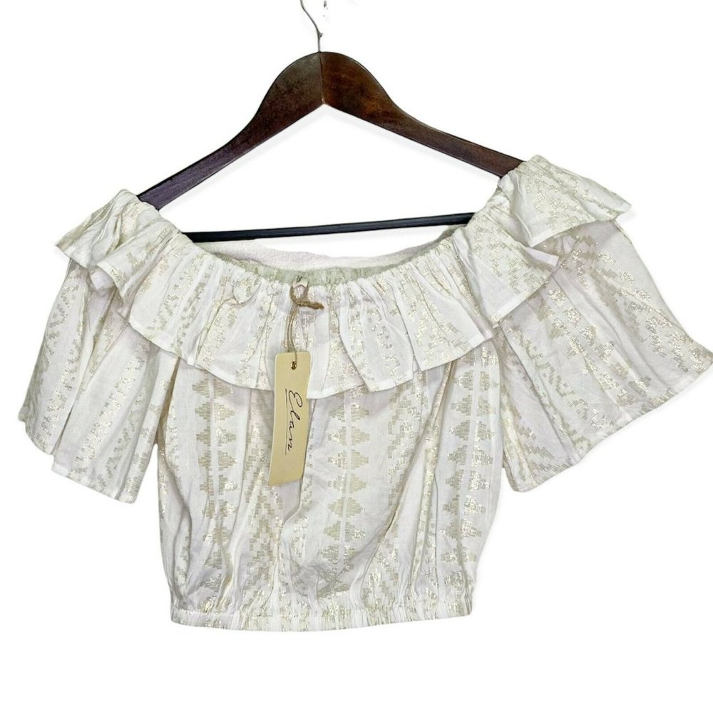 Elan Women's Sz M Top Tribal Aztec Sleeveless Strapless Off Shoulder Boho Ivory